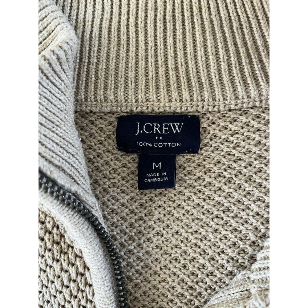 J. Crew Waffle Garter Knit 1/4 Zip Pullover Sweater 100% Cotton Mens Medium Tan